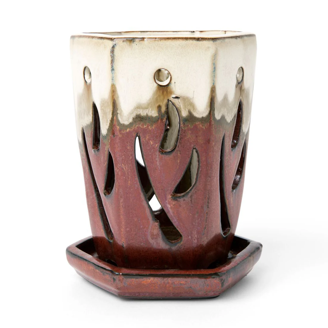 4" x 6" Honey Cream Over Copper Fluted Hexagon Ceramic Orchid Pot - Image 1