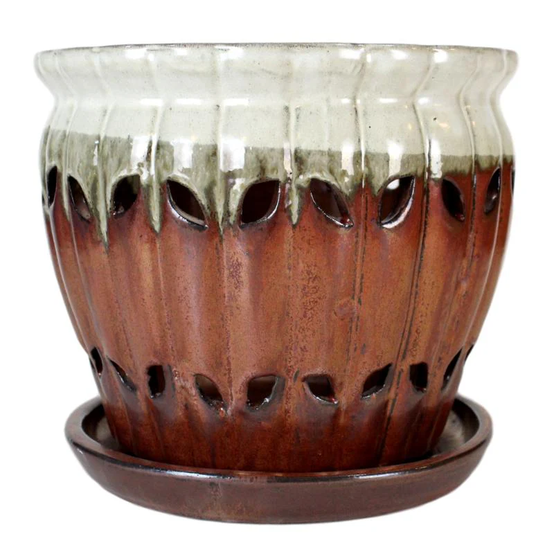 10″ Honey Cream Over Copper Pinwheel Fluted Ceramic Planter