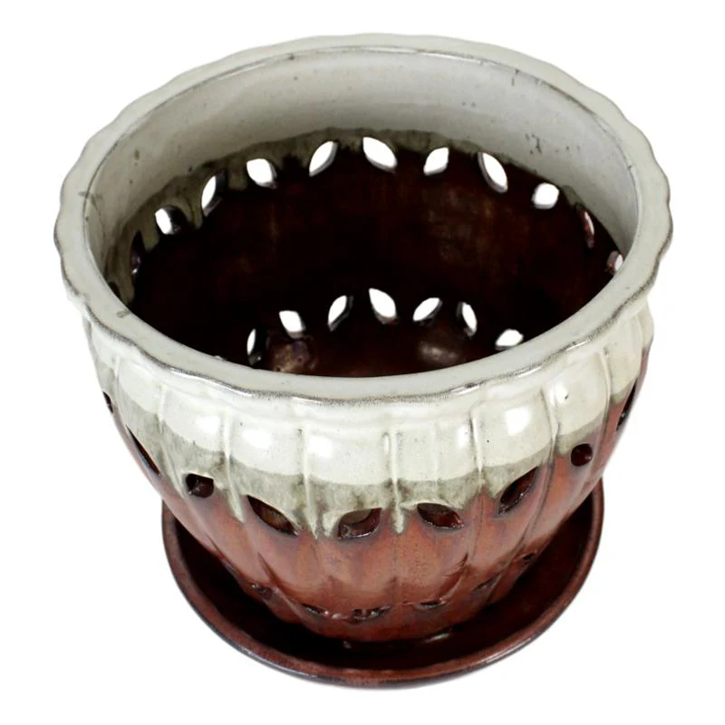 10" Honey Cream Over Copper Pinwheel Fluted Ceramic Planter - Image 2