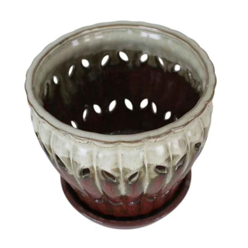 8" Honey Cream Over Copper Pinwheel Fluted Ceramic Planter - Image 2