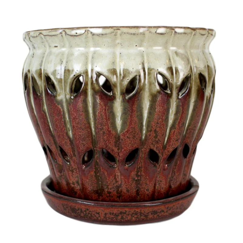 8" Honey Cream Over Copper Pinwheel Fluted Ceramic Planter - Image 1