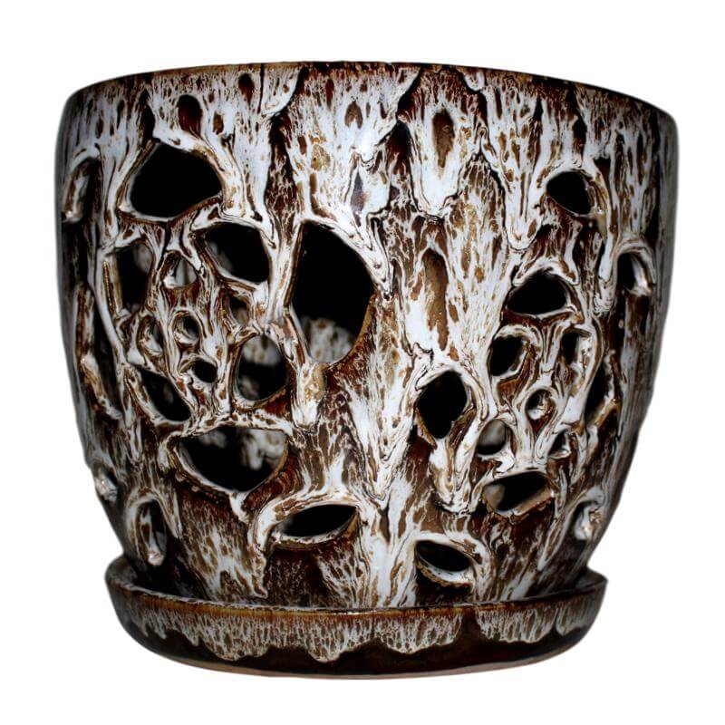 8″ Creamy Chestnut Floral Cutout Ceramic Planter