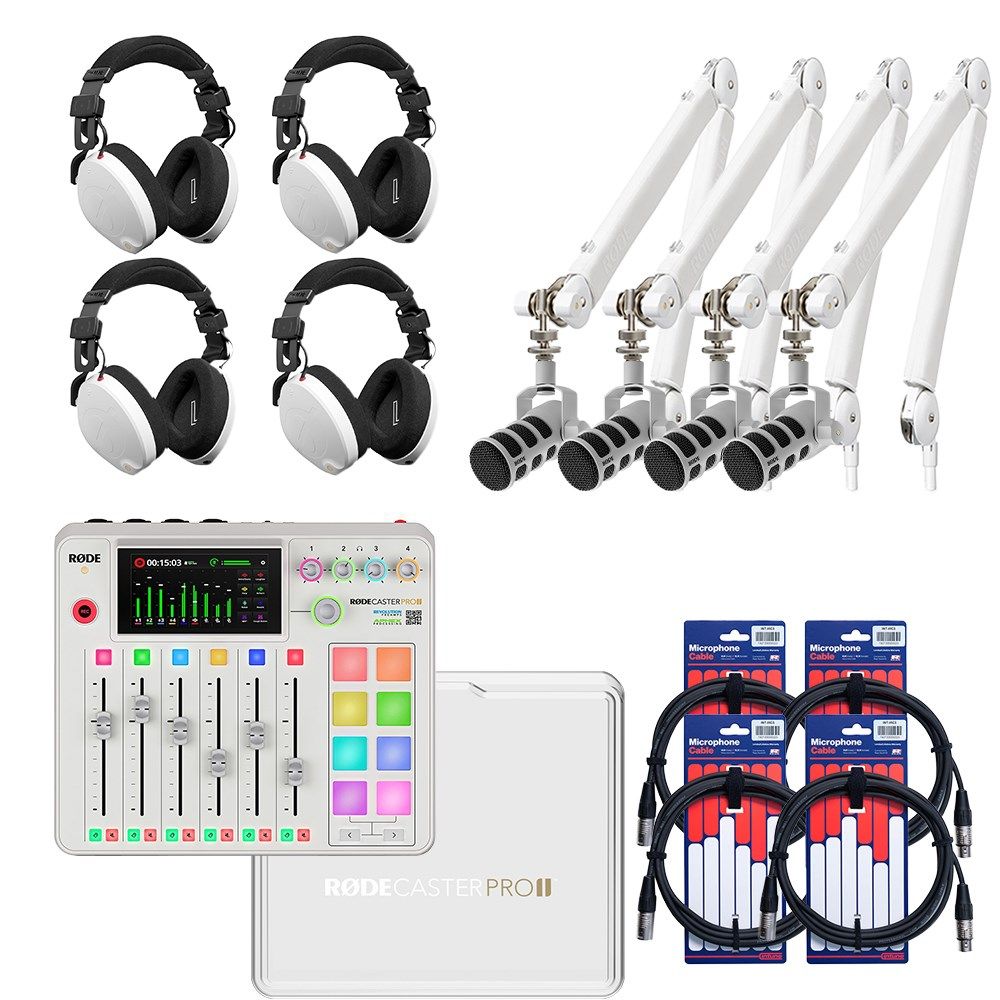 Rode RodeCaster Pro II Pack 4 (White) w/ 4x PodMic, PSA1+, NTH100, Cover & XLR Cables - Image 1