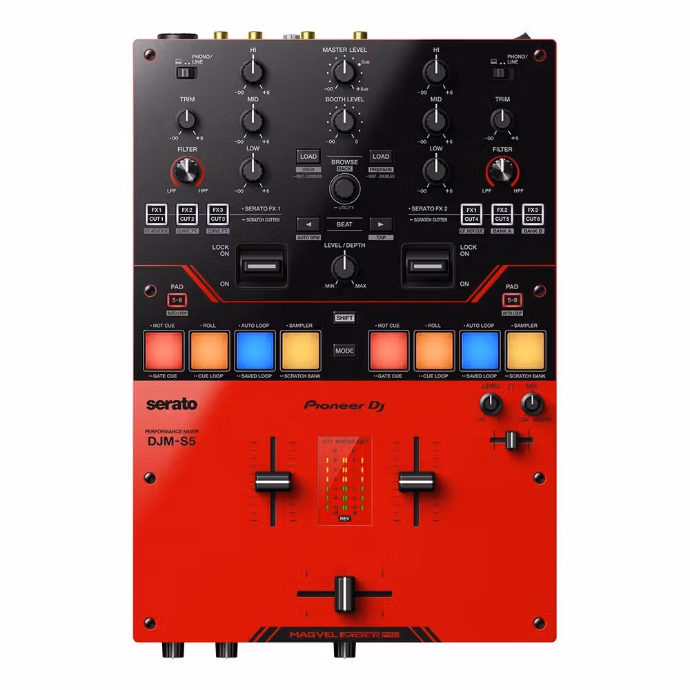 Pioneer DJMS5 Scratch-Style 2-Channel DJ Mixer for Serato DJ Pro (Gloss Red) - Image 1