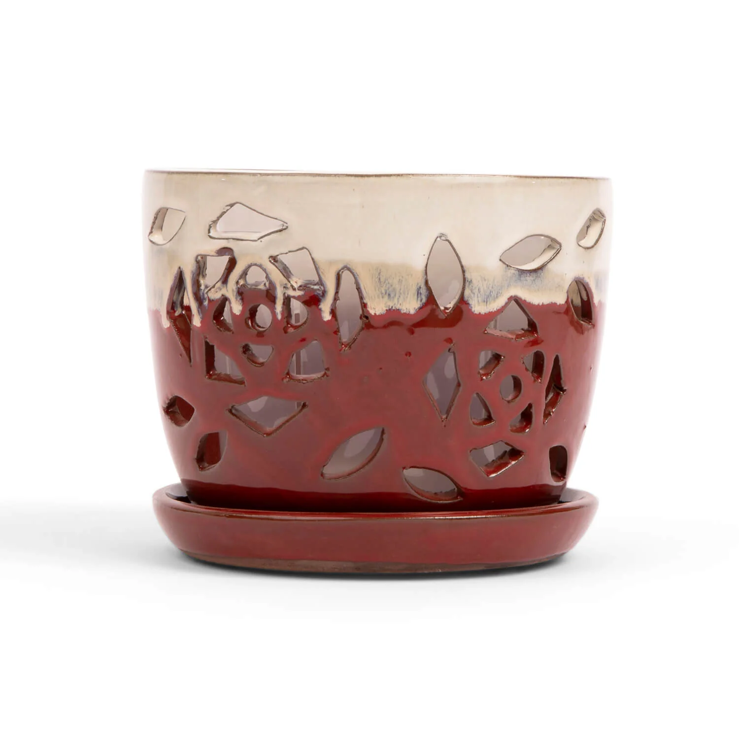 5″ Cream Over Garnet Floral Cutout Orchid Pot