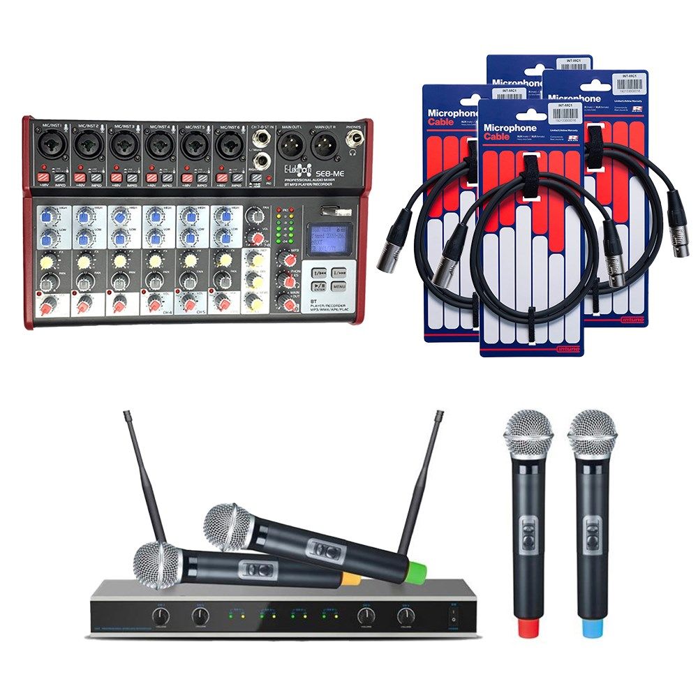 E-lektron IU-4011 UHF 4 Channel Handheld Mic Set w/ SE-8 Mixer & 4 x XLR Cables - Image 1