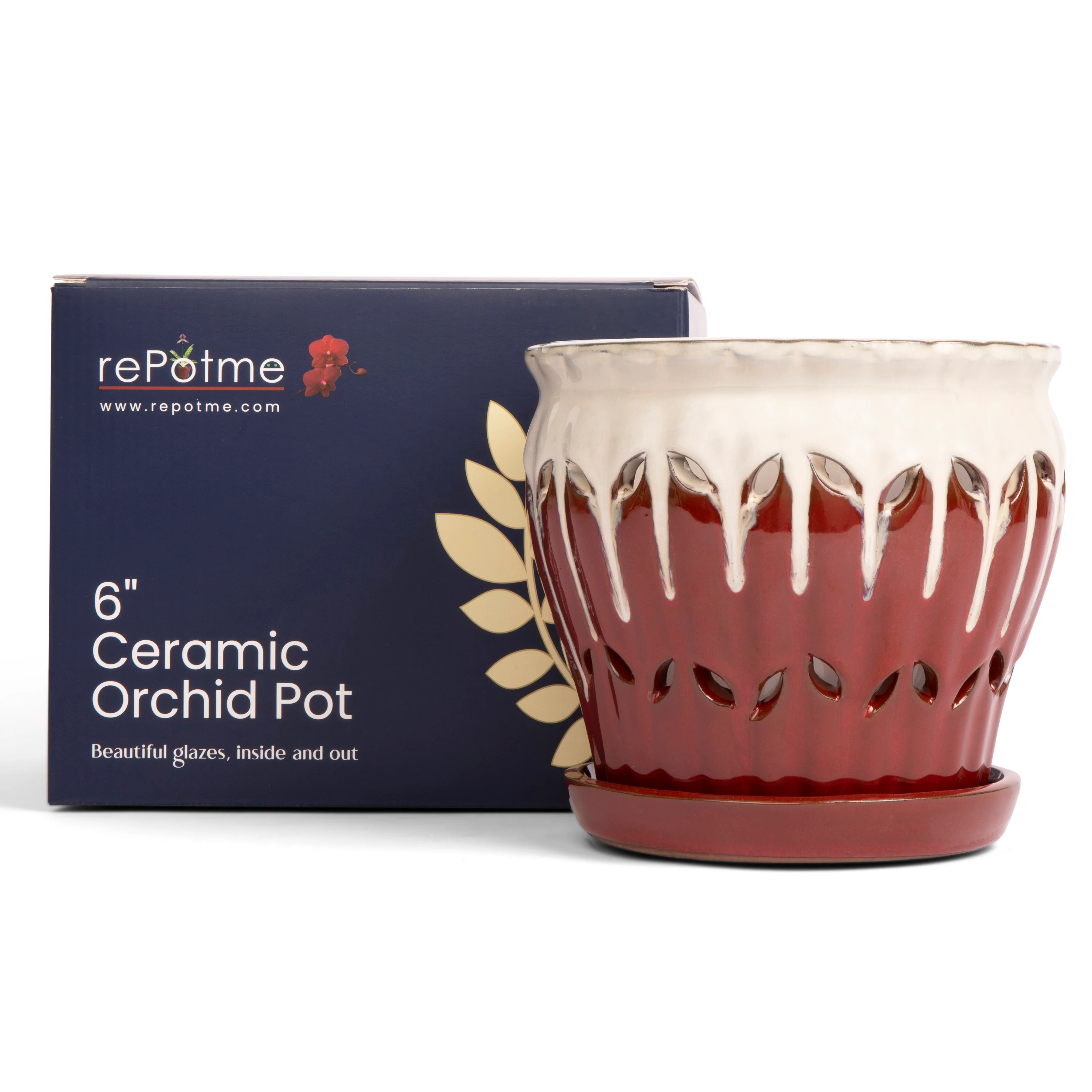 6" Cream Over Garnet Pinwheel Fluted Orchid Pot - Image 2