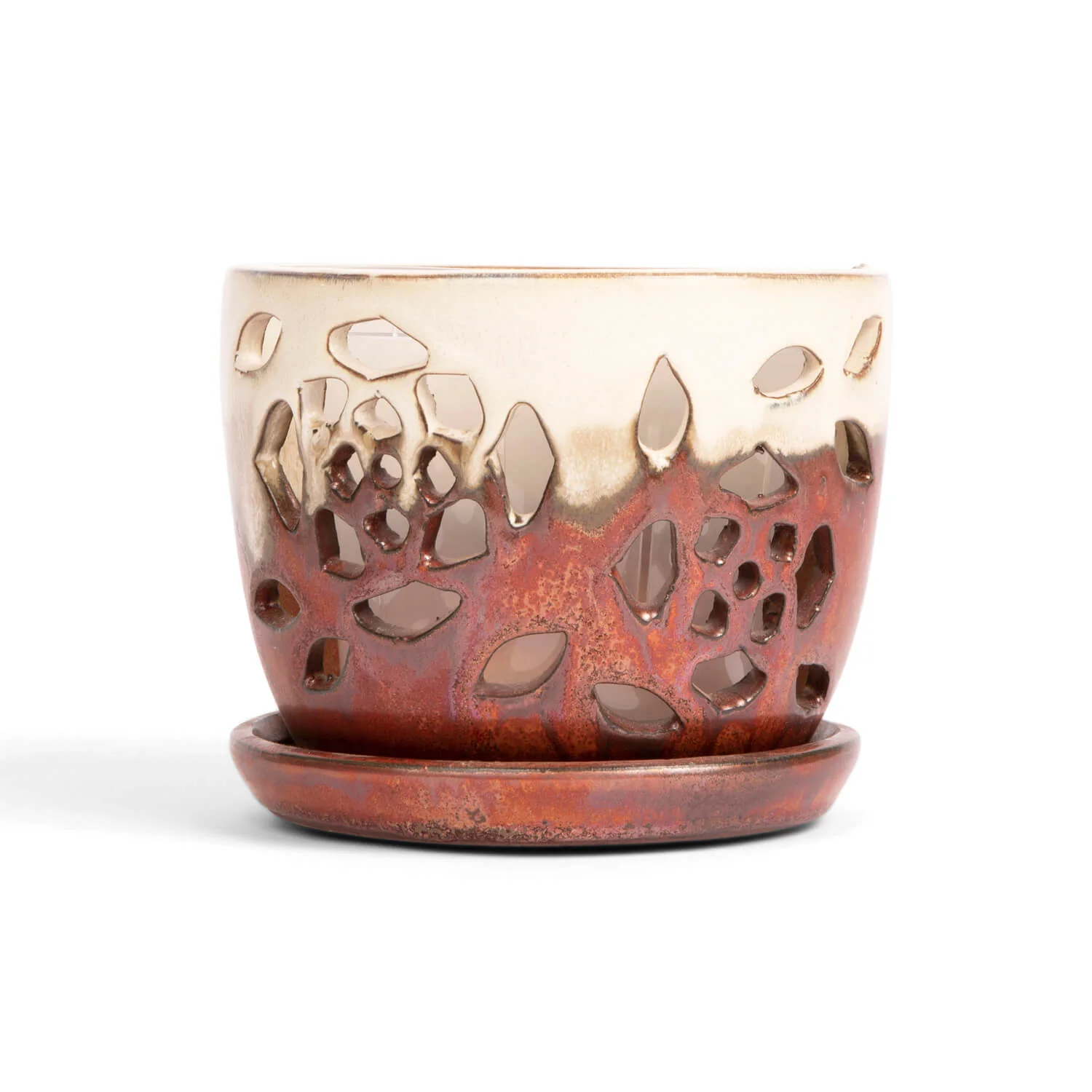 5″ Honey Cream Over Copper Floral Cutout Orchid Pot
