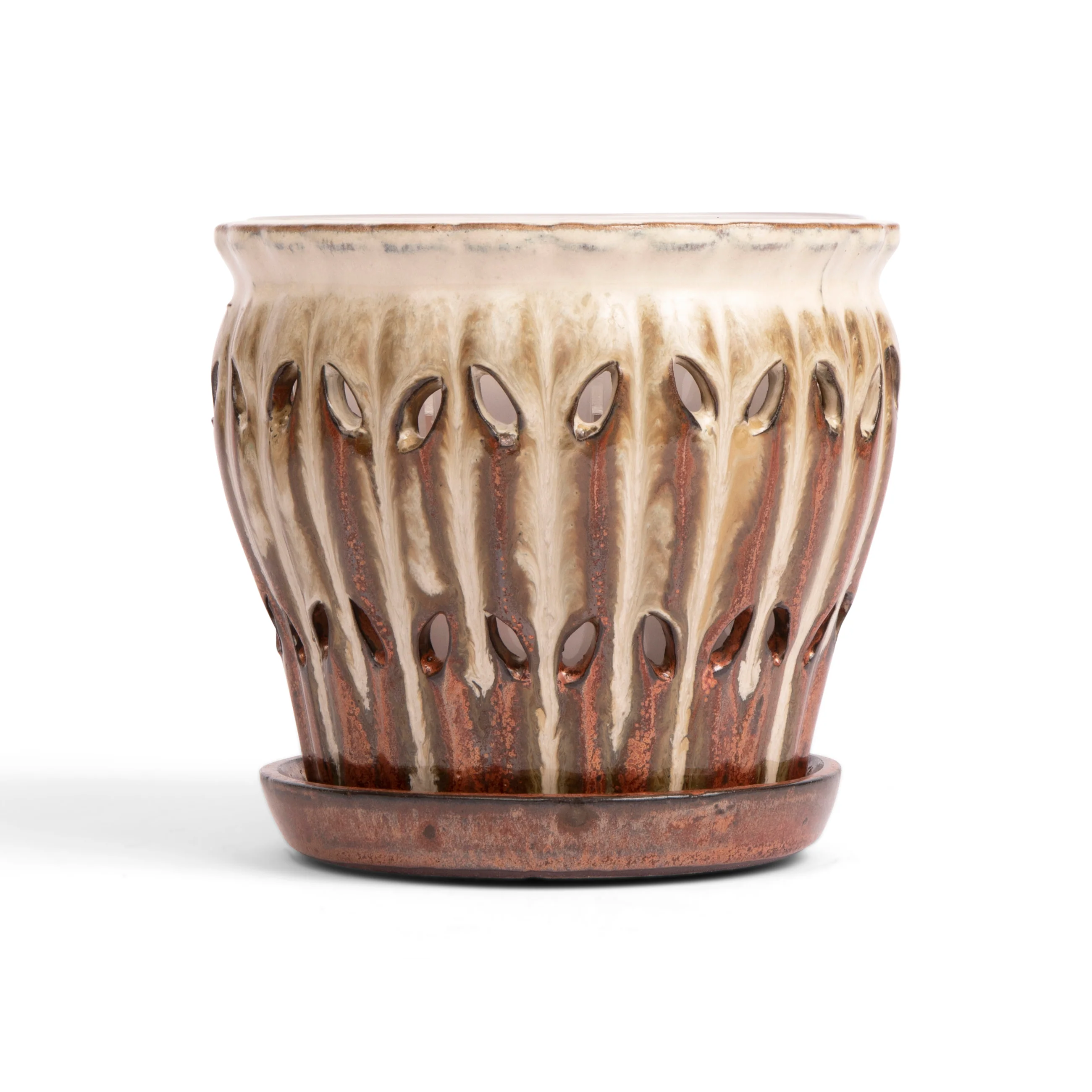 6" Honey Cream Over Copper Pinwheel Fluted Orchid Pot - Image 1