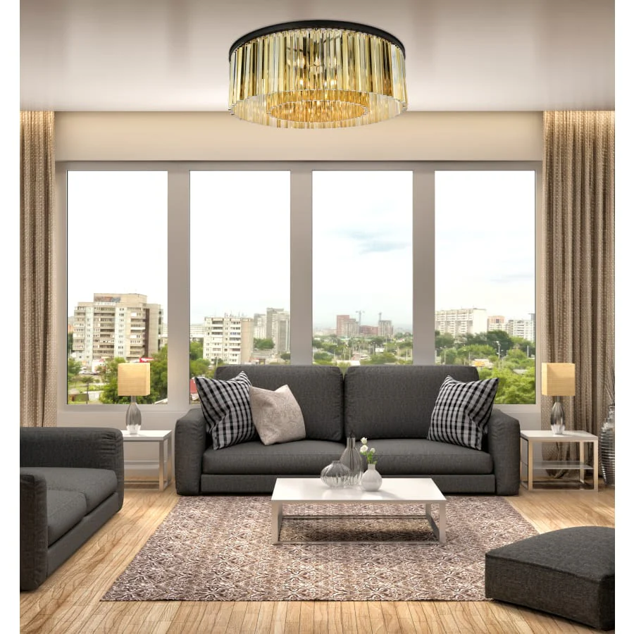Elegant Lighting Sydney 10 Light 44" Wide Flush Mount Drum Ceiling Fixture with Golden Teak Royal Cut Crystals - Image 2
