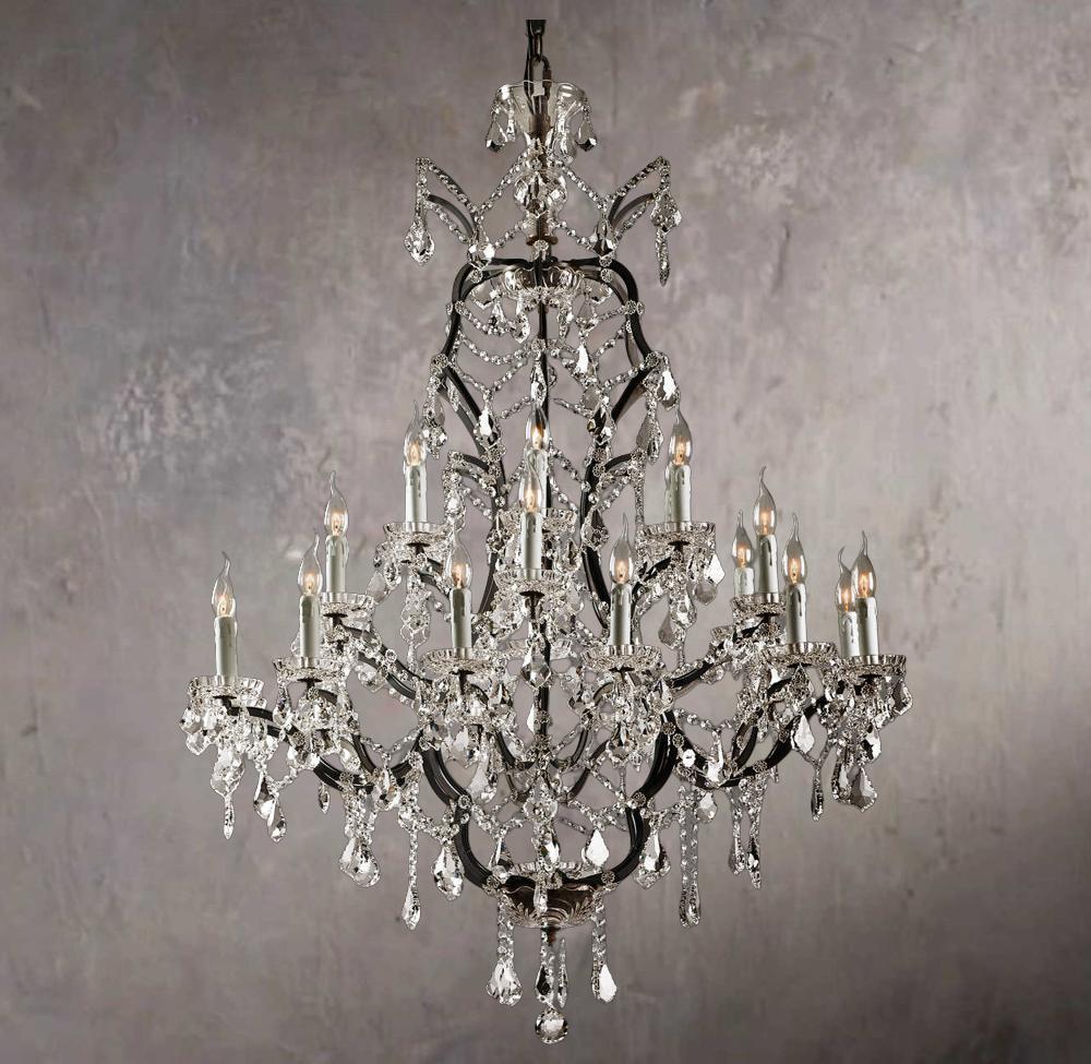 19th Century Baroque-Style Wrought Iron and Crystal Round Chandelier 40" - Image 2