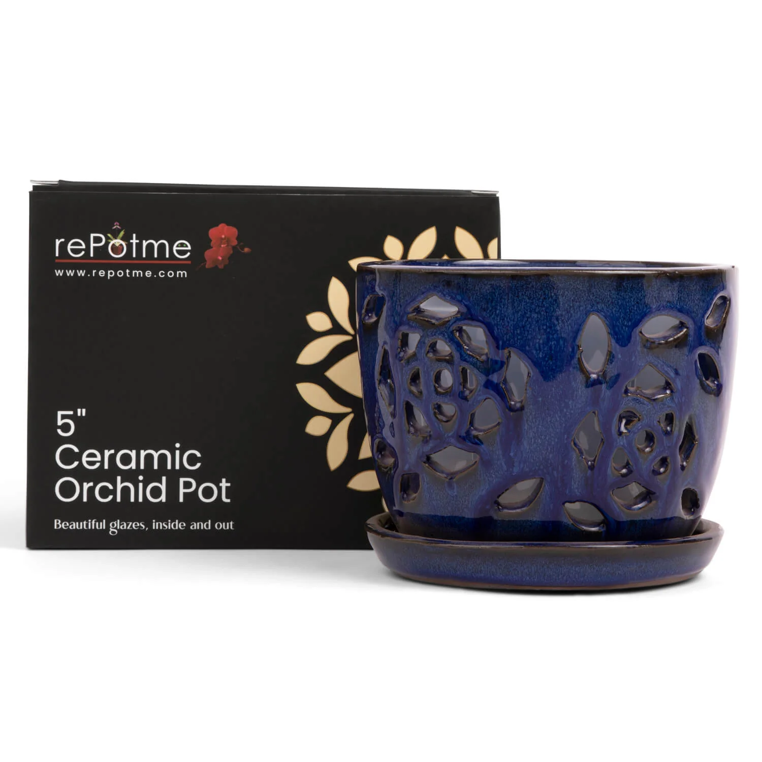 5" Midnight Blue Floral Cutout Orchid Pot - Image 2