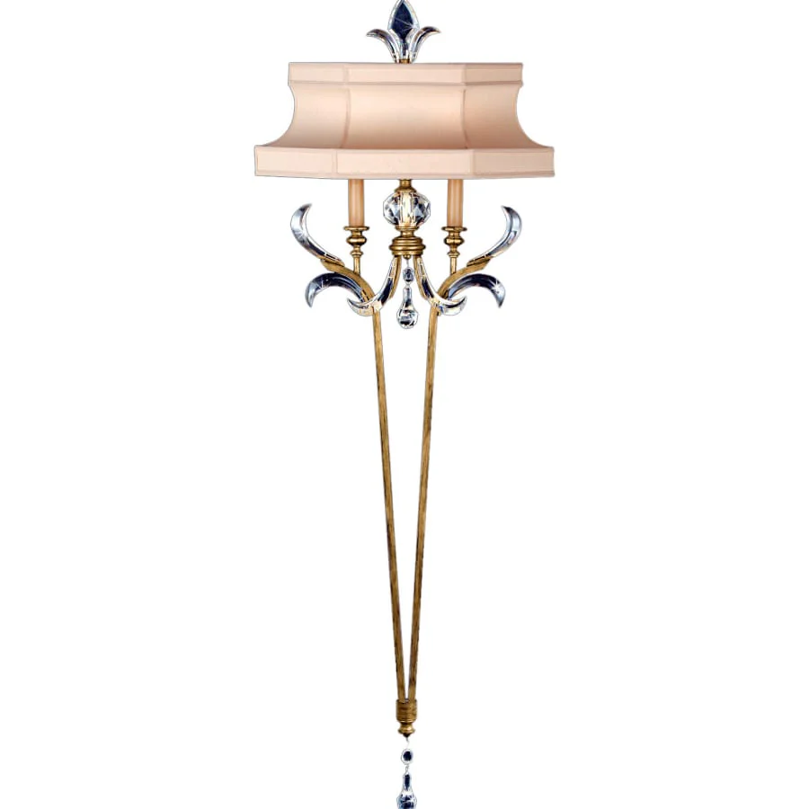 Fine Art Handcrafted Lighting Beveled Arcs Gold Two-Light Beveled Crystal Wall Sconce with Laminated Silk Shantung Shade - Image 1