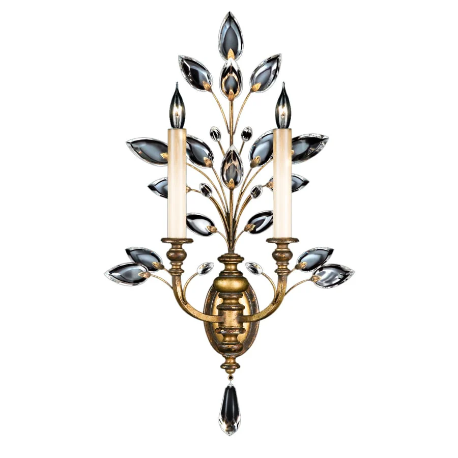 Fine Art Handcrafted Lighting Crystal Laurel Gold Two-Light Wall Sconce with Bold-Cut Stylized Crystal Leaves - Image 1