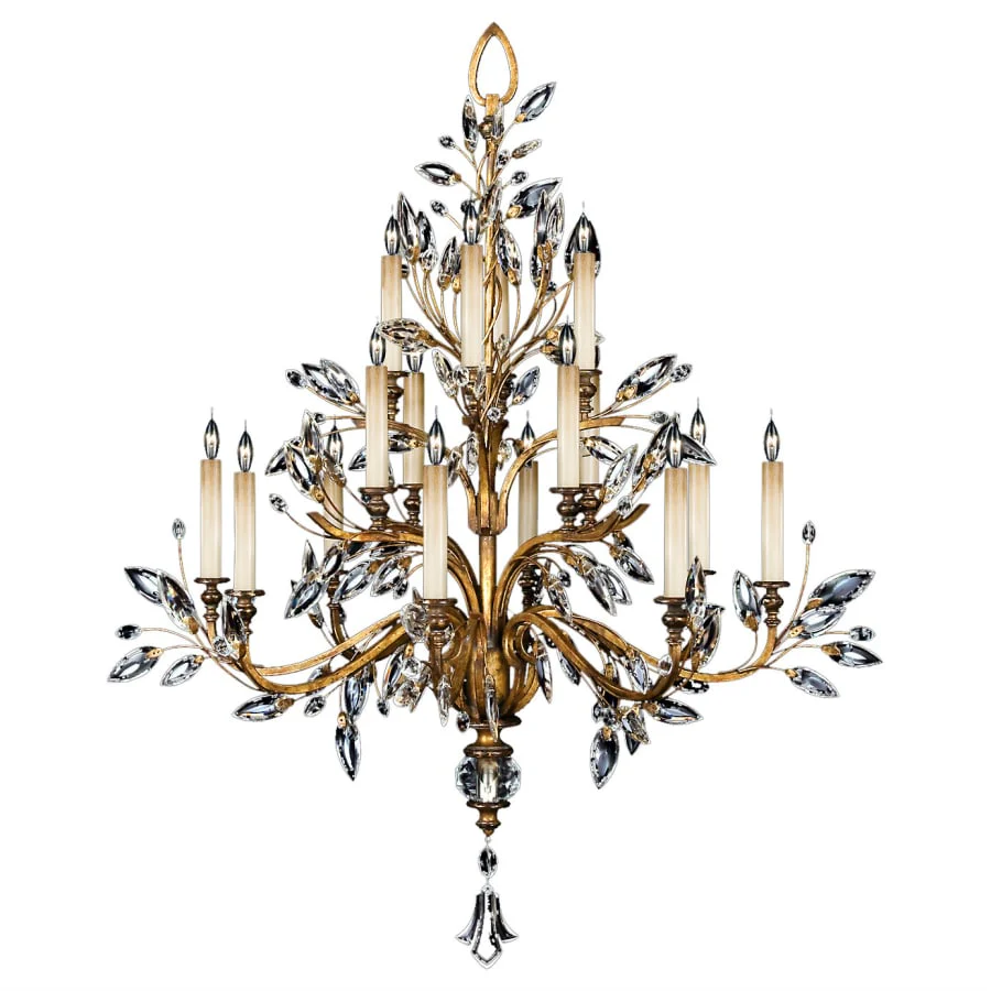 Fine Art Handcrafted Lighting Crystal Laurel Gold Sixteen-Light Three-Tier Chandelier with Bold-Cut Stylized Crystal Leaves - Image 1
