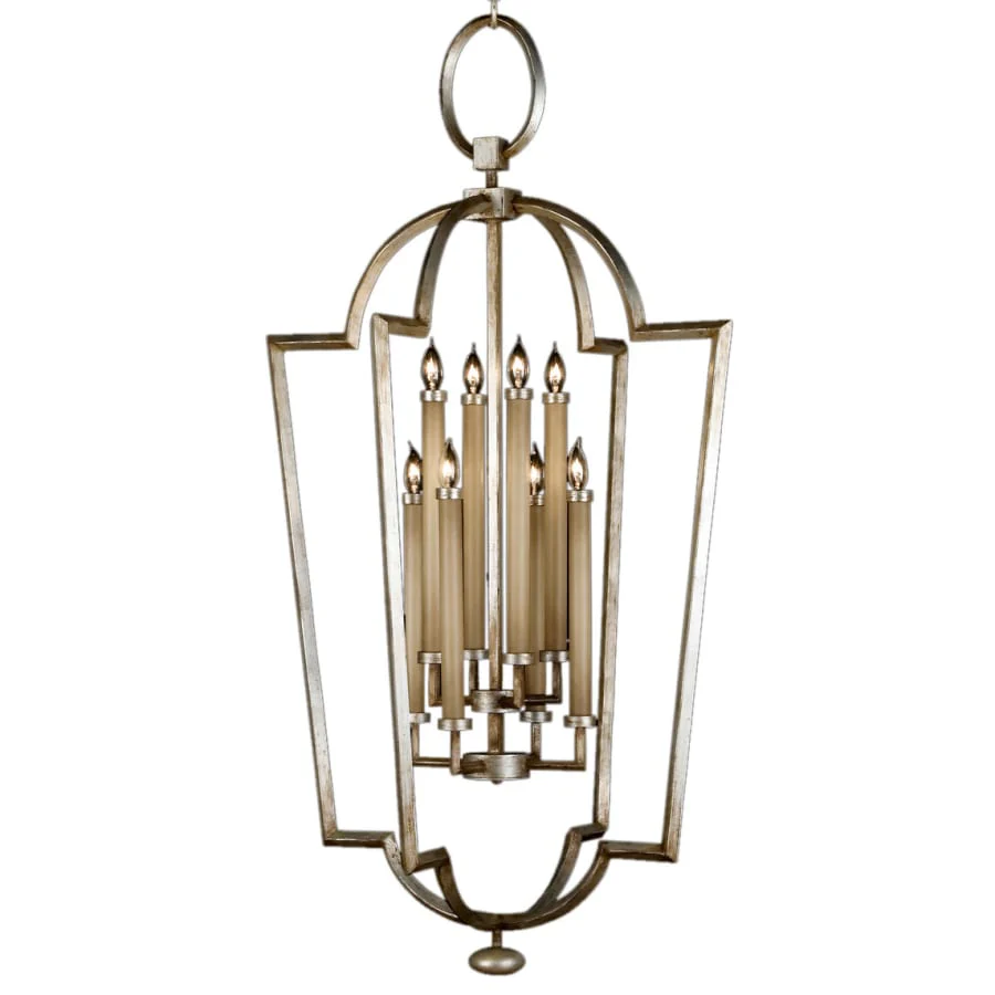Fine Art Handcrafted Lighting Allegretto Silver Eight-Light Foyer Pendant with White Textured Linen Shade - Image 1