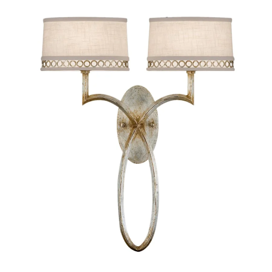 Fine Art Handcrafted Lighting Allegretto Silver Two-Light Wall Sconce with White Textured Linen Shades