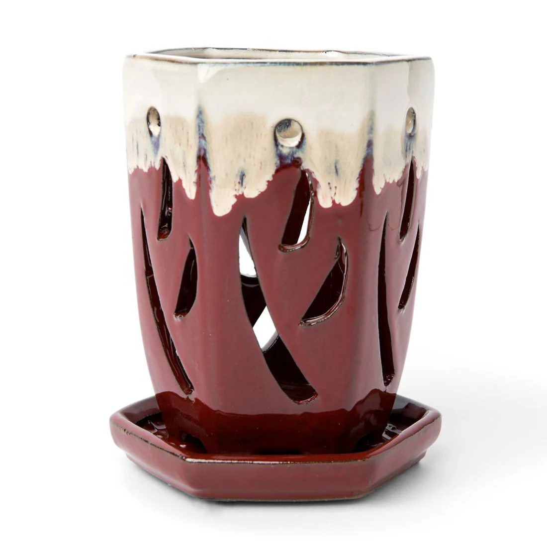 4" x 6" Cream Over Garnet Fluted Hexagon Ceramic Orchid Pot - Image 1