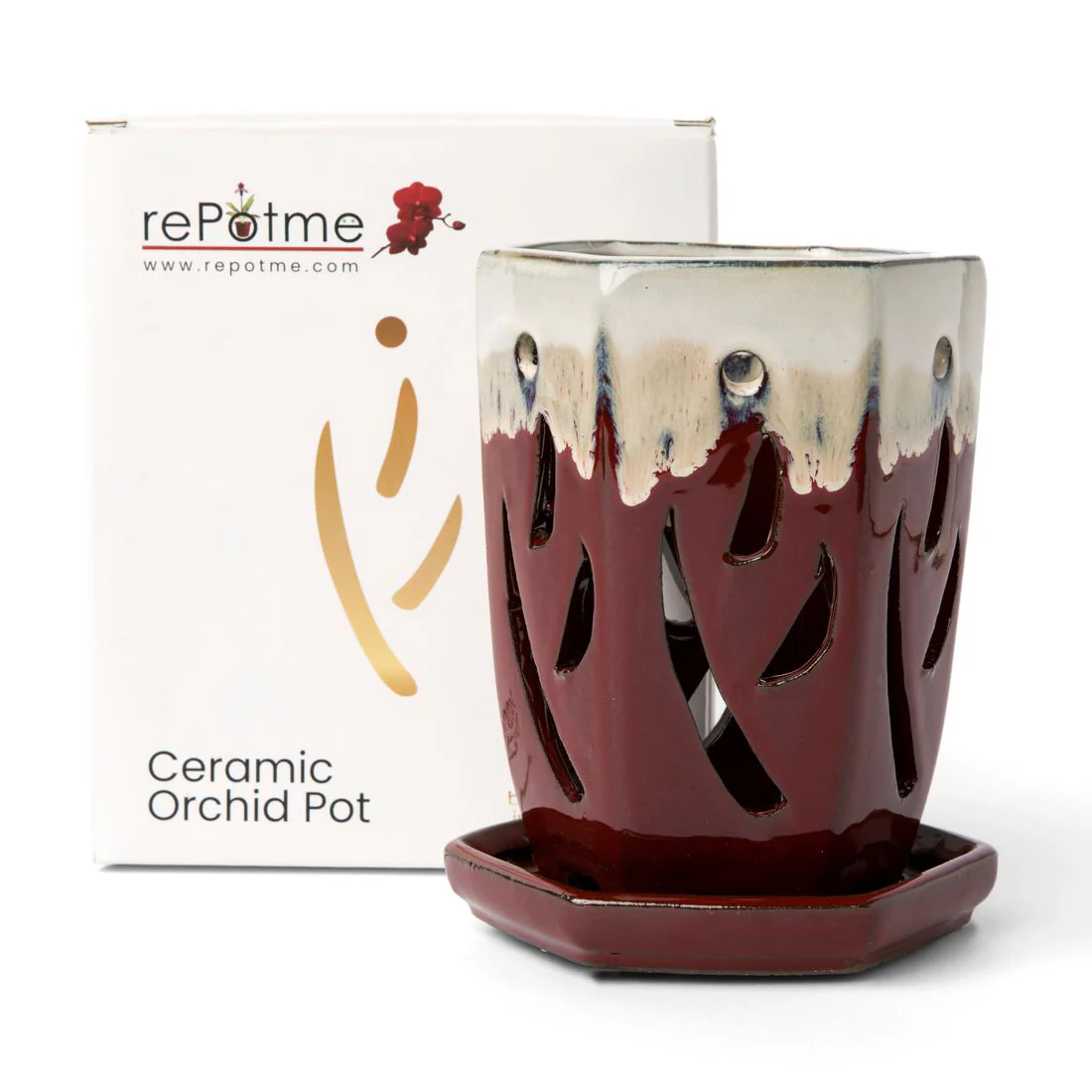 4" x 6" Cream Over Garnet Fluted Hexagon Ceramic Orchid Pot - Image 2