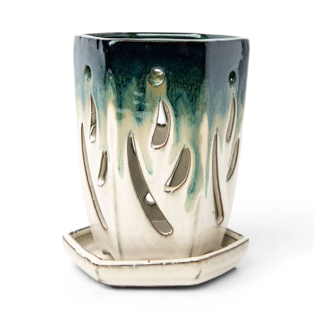 4" x 6" Evergreen Emerald Over Cream Fluted Hexagon Ceramic Orchid Pot - Image 1
