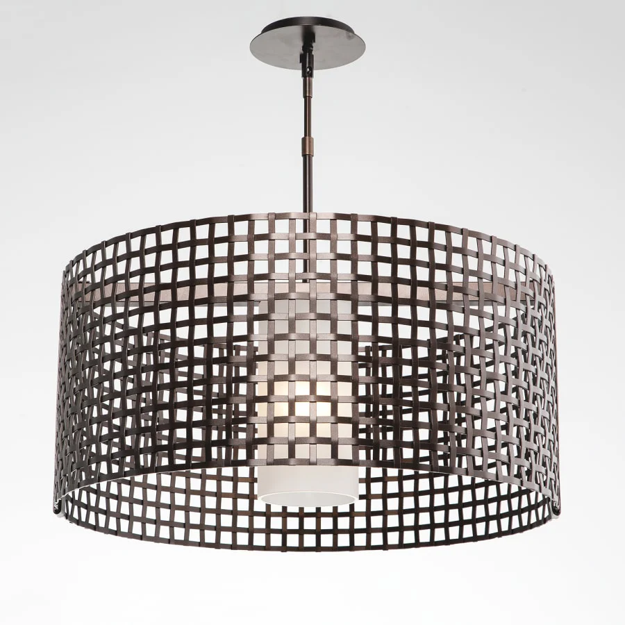 Hammerton Studio Tweed Single Light 25" Wide Drum Chandelier - Medium (E26) with Frosted Glass Inner and Finished to Match Metal Outer Shade - Image 2