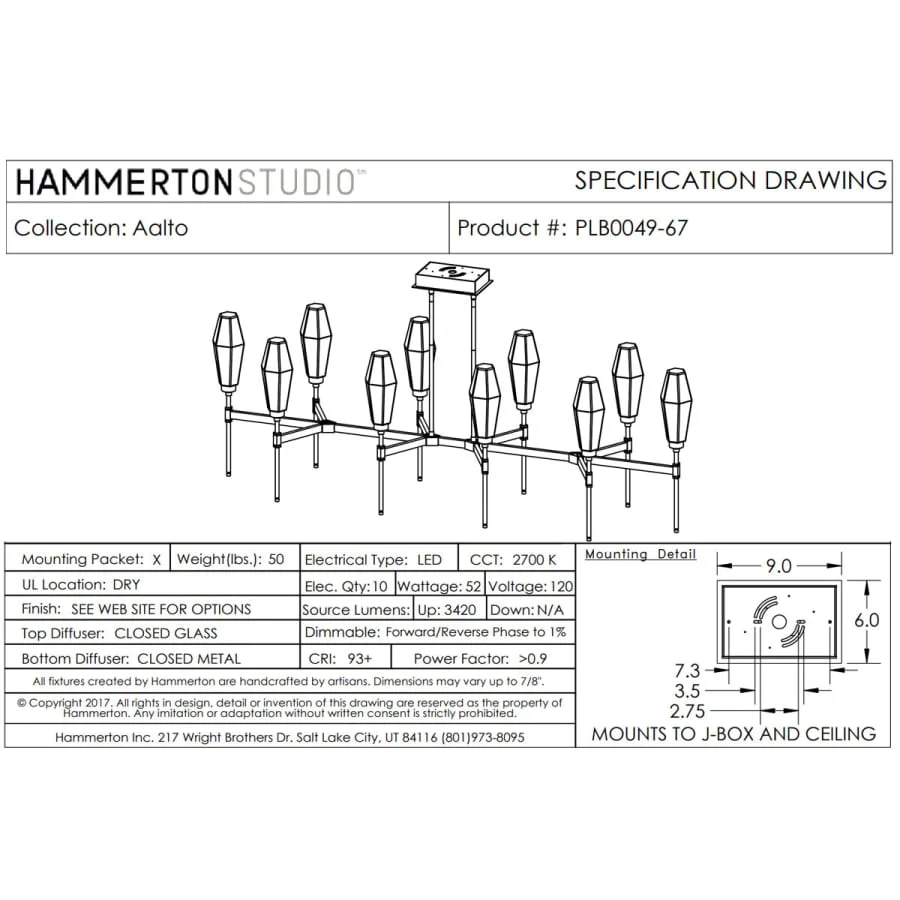 Hammerton Studio Aalto 67" Wide Artisan Crafted Geometric Optic Glass 10 Light Linear Chandelier - Image 3