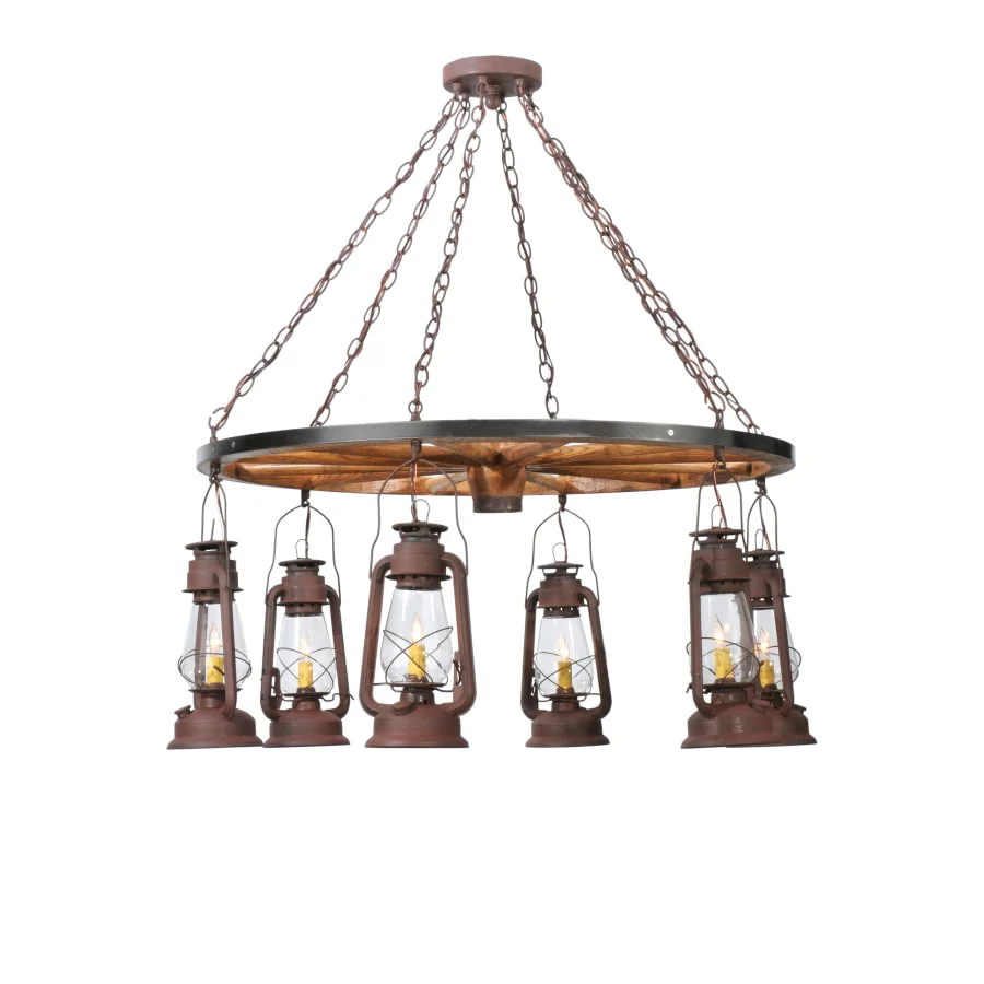Meyda Tiffany 40" W Miners Lantern Wagon Wheel 6 Light Chandelier - Image 1