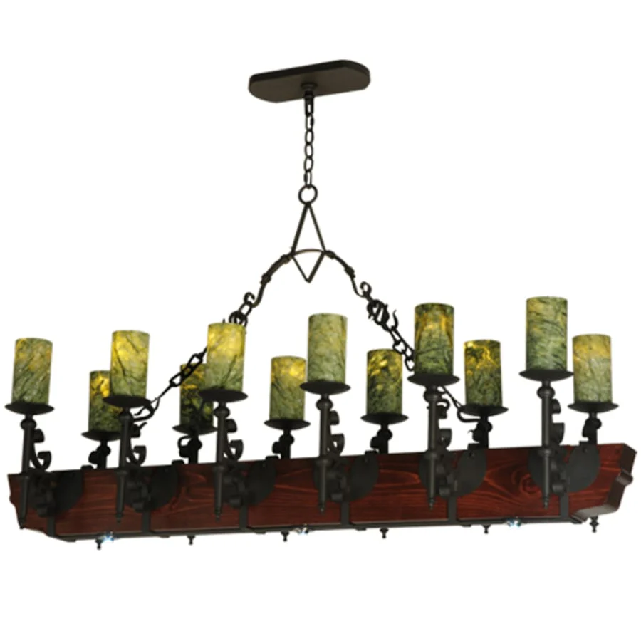 Meyda Tiffany Tudor 15 Light 60" Wide Pillar Candle Style Chandelier with Green Jadestone Shades- Wrought Iron Finish - Image 1