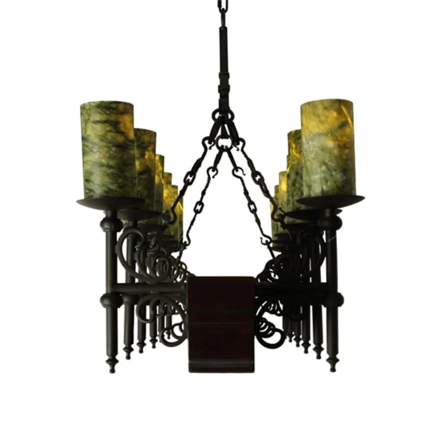 Meyda Tiffany Tudor 15 Light 60" Wide Pillar Candle Style Chandelier with Green Jadestone Shades- Wrought Iron Finish - Image 3