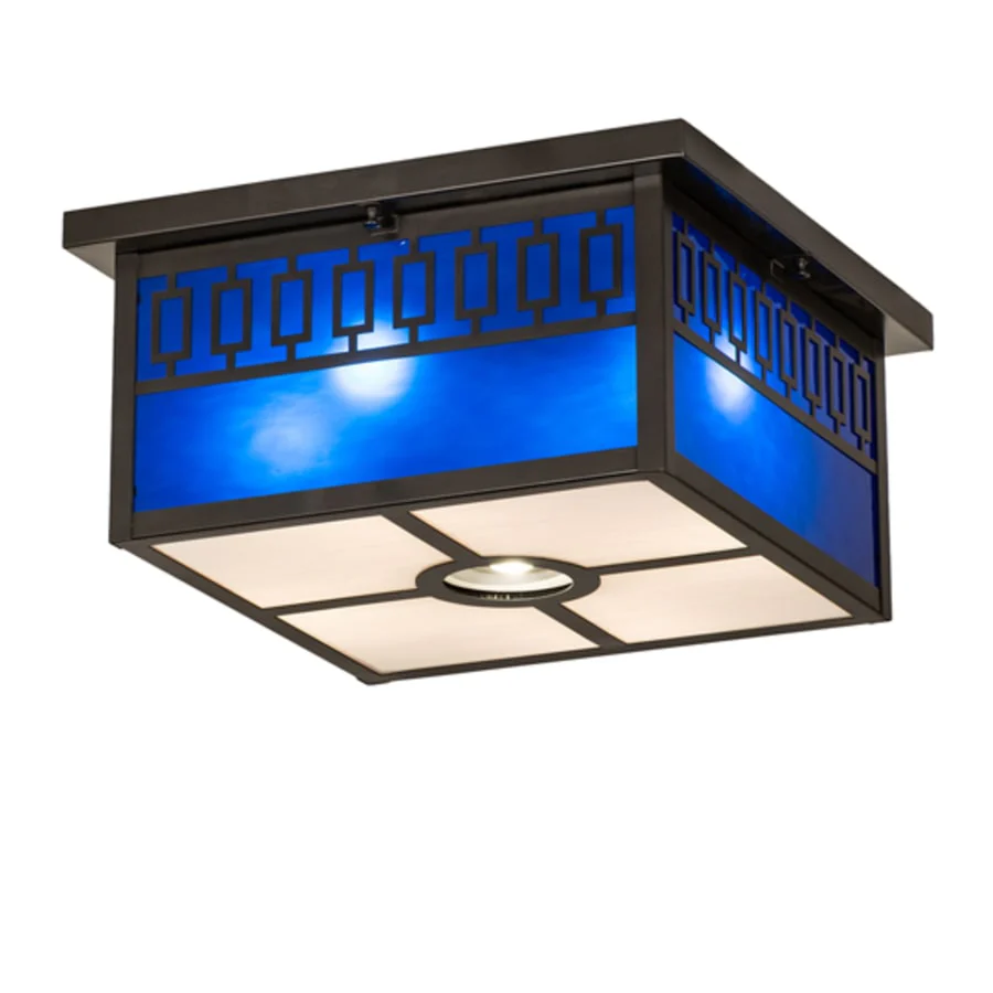 Meyda Tiffany Kungsholm 4 Light 26″ Wide Flush Mount Square Ceiling Fixture with Blue Glass Shade – Craftsman Brown Finish