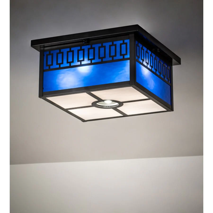 Meyda Tiffany Kungsholm 4 Light 26" Wide Flush Mount Square Ceiling Fixture with Blue Glass Shade - Craftsman Brown Finish - Image 2