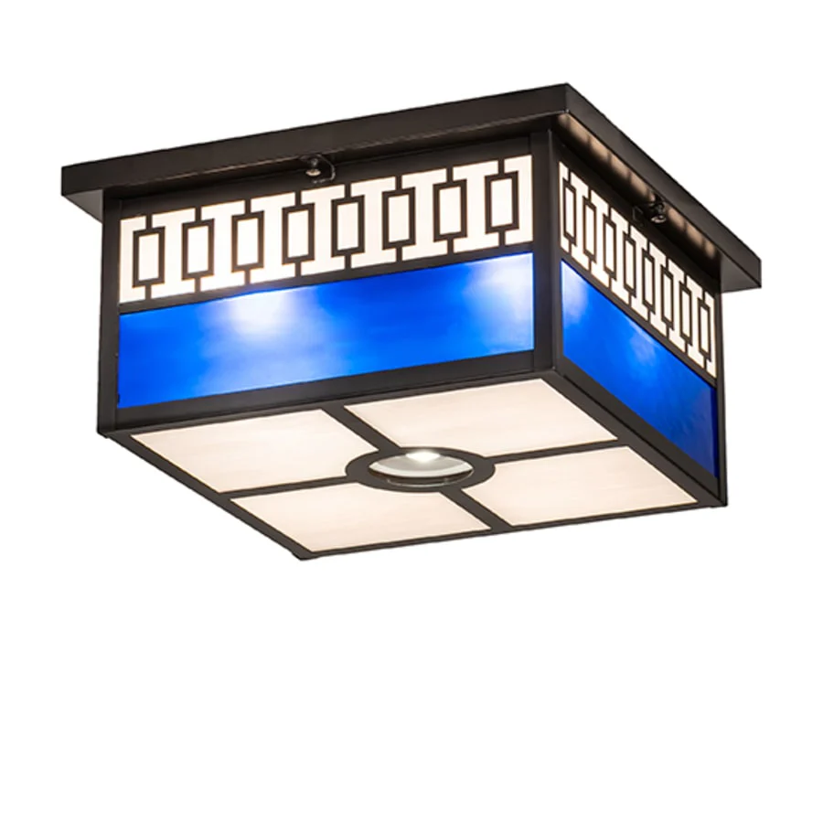 Meyda Tiffany Kungsholm 4 Light 26″ Wide Flush Mount Square Ceiling Fixture with Blue and White Glass Shade – Craftsman Brown Finish