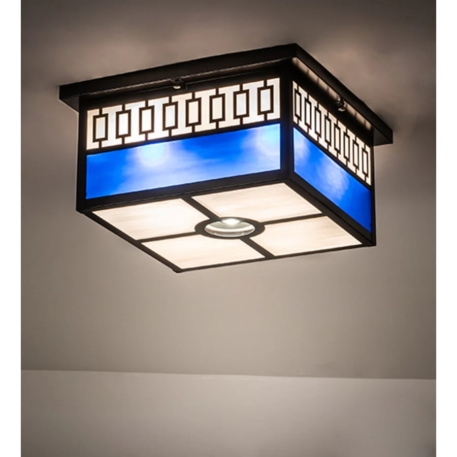 Meyda Tiffany Kungsholm 4 Light 26" Wide Flush Mount Square Ceiling Fixture with Blue and White Glass Shade - Craftsman Brown Finish - Image 2