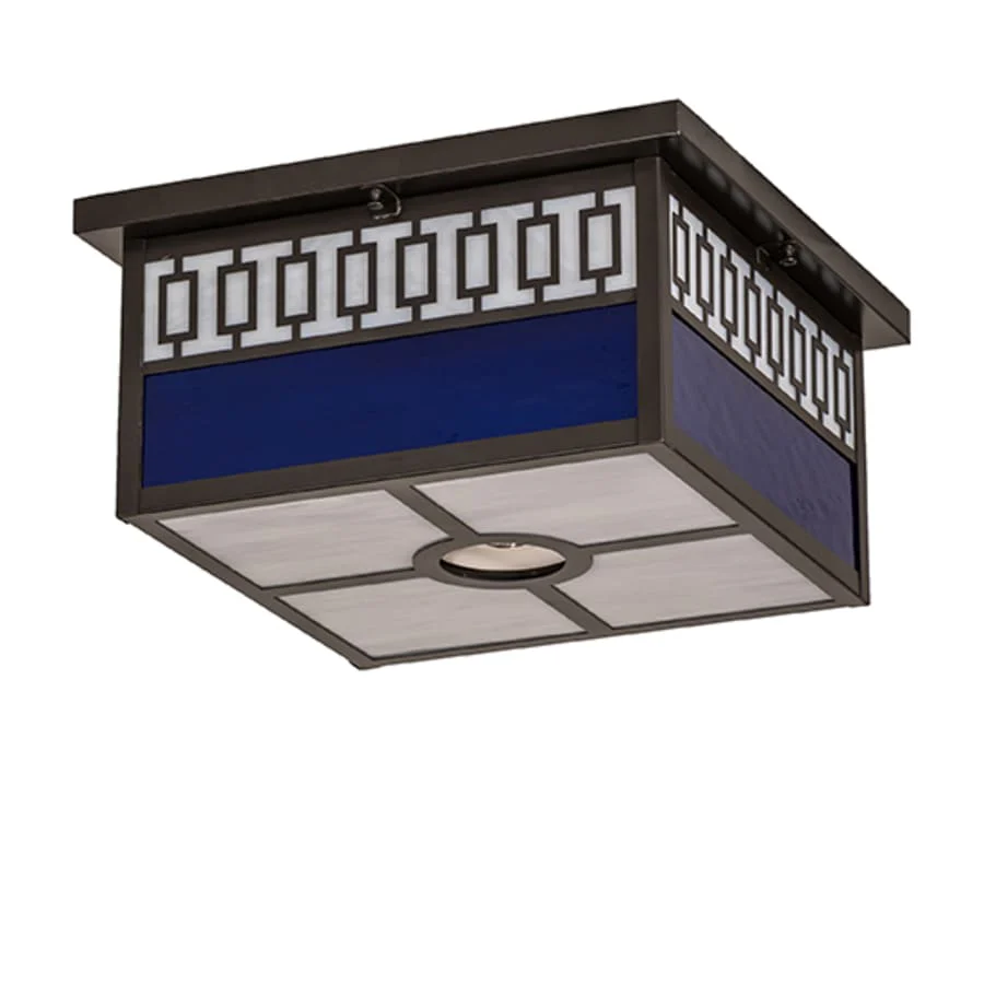 Meyda Tiffany Kungsholm 4 Light 26" Wide Flush Mount Square Ceiling Fixture with Blue and White Glass Shade - Craftsman Brown Finish - Image 3