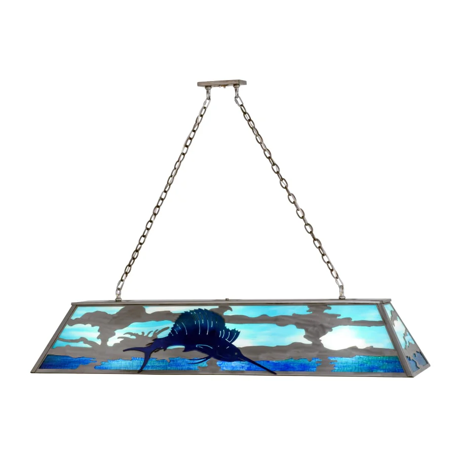 Meyda Tiffany Sailfish 9 Light 61" Wide Linear Chandelier with Blue Glass Shade - Image 1