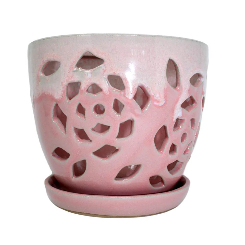 8″ Cream Over Cotton Candy Floral Cutout Ceramic Planter