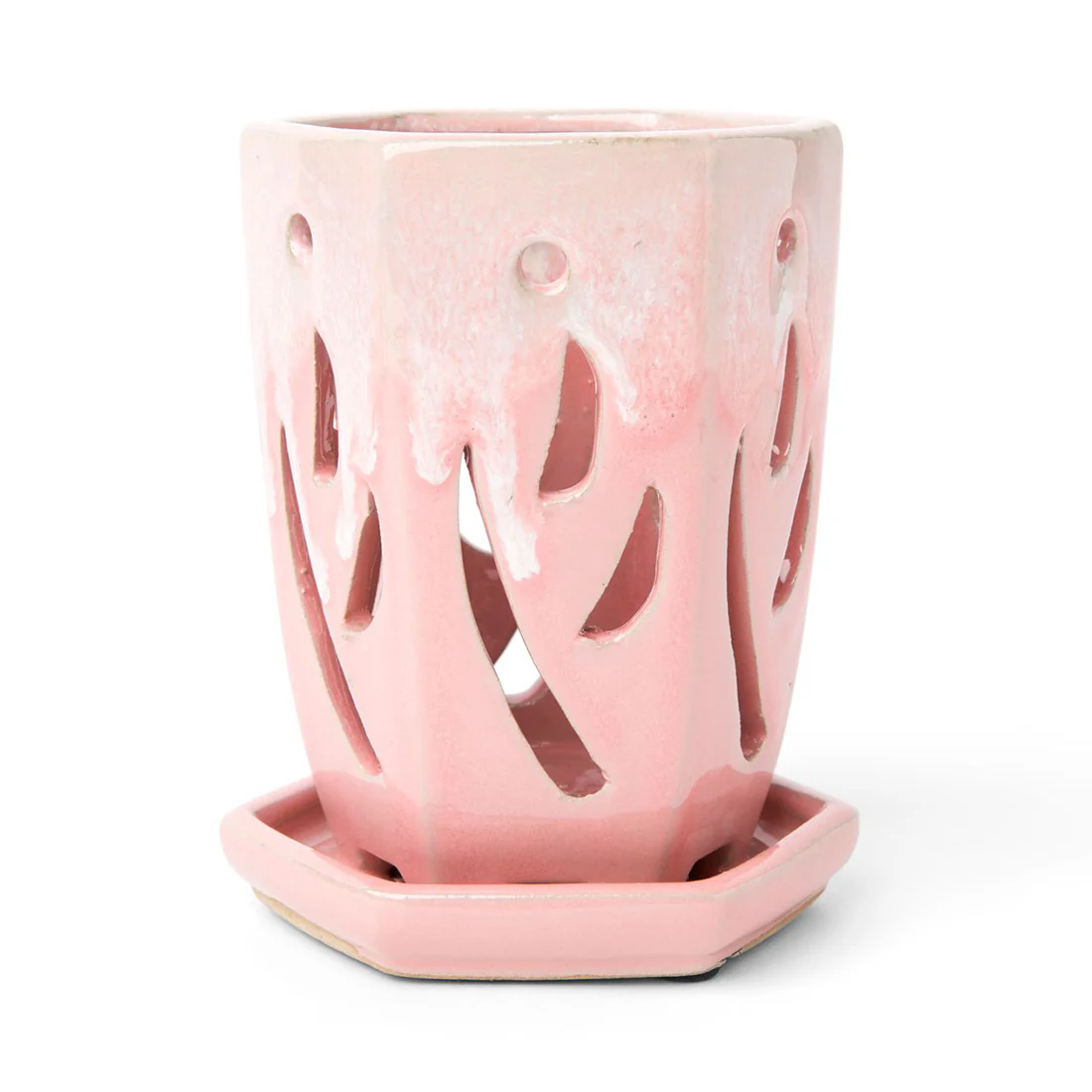 4" x 6" Cream Over Cotton Candy Fluted Hexagon Ceramic Orchid Pot - Image 1