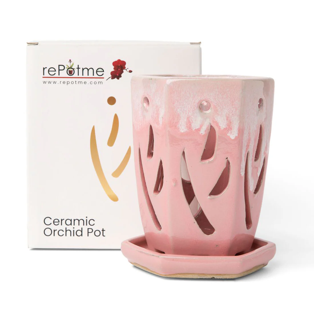 4" x 6" Cream Over Cotton Candy Fluted Hexagon Ceramic Orchid Pot - Image 2