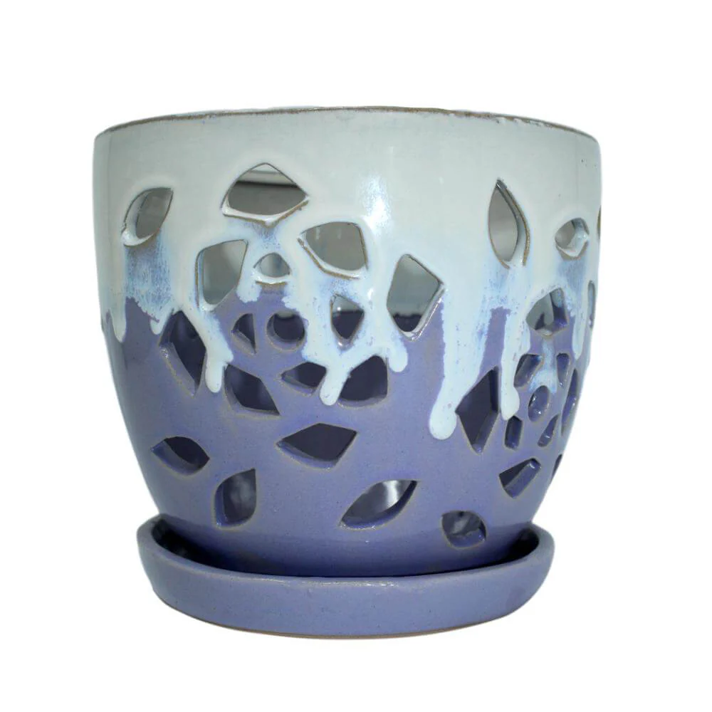 8″ Cream Over Lavender Floral Cutout Ceramic Planter