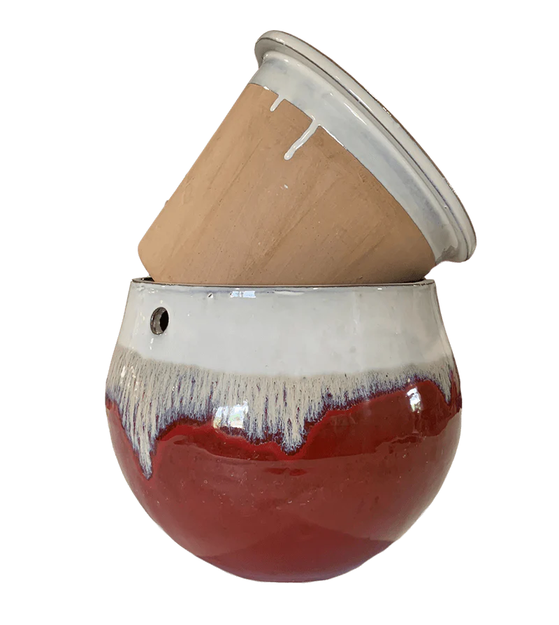 10" Cream Over Garnet Teardrop Self Watering Pot - Image 2