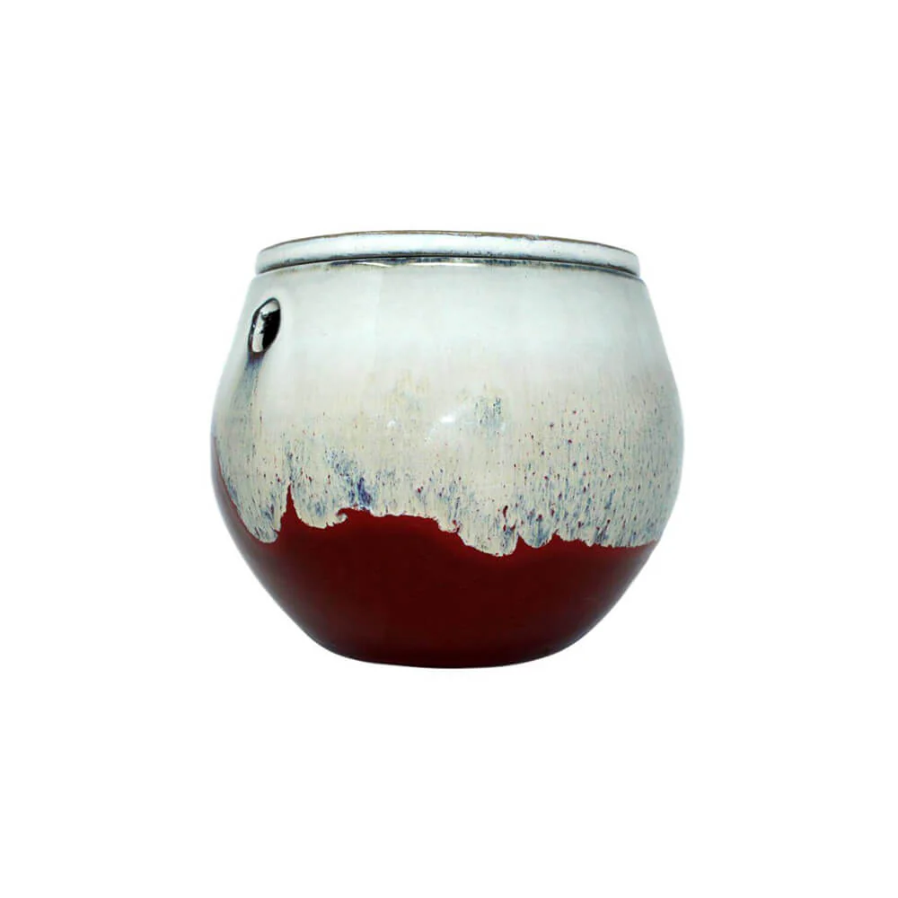 6" Cream Over Garnet Teardrop Self Watering Pot - Image 1