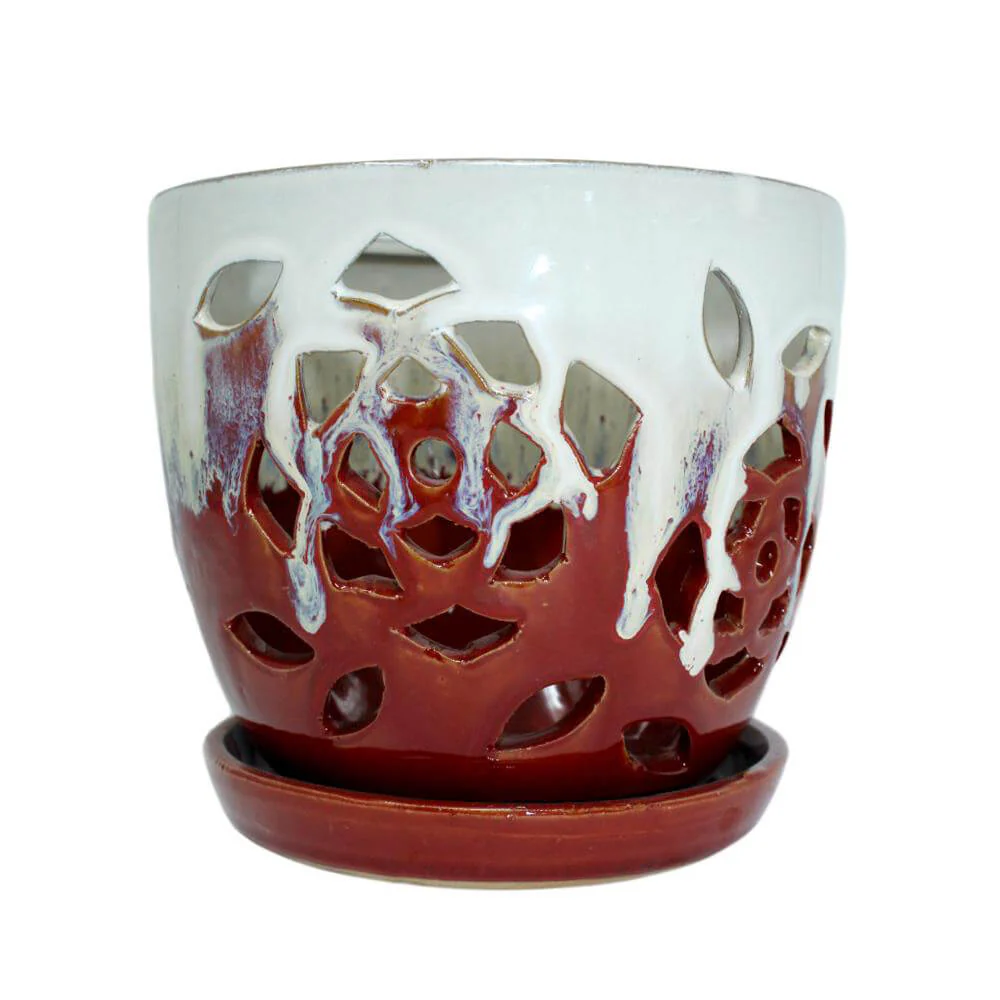 8″ Cream Over Garnet Floral Cutout Ceramic Planter