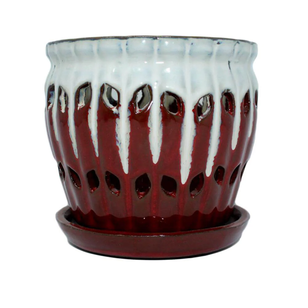 8″ Cream Over Garnet Pinwheel Fluted Ceramic Planter