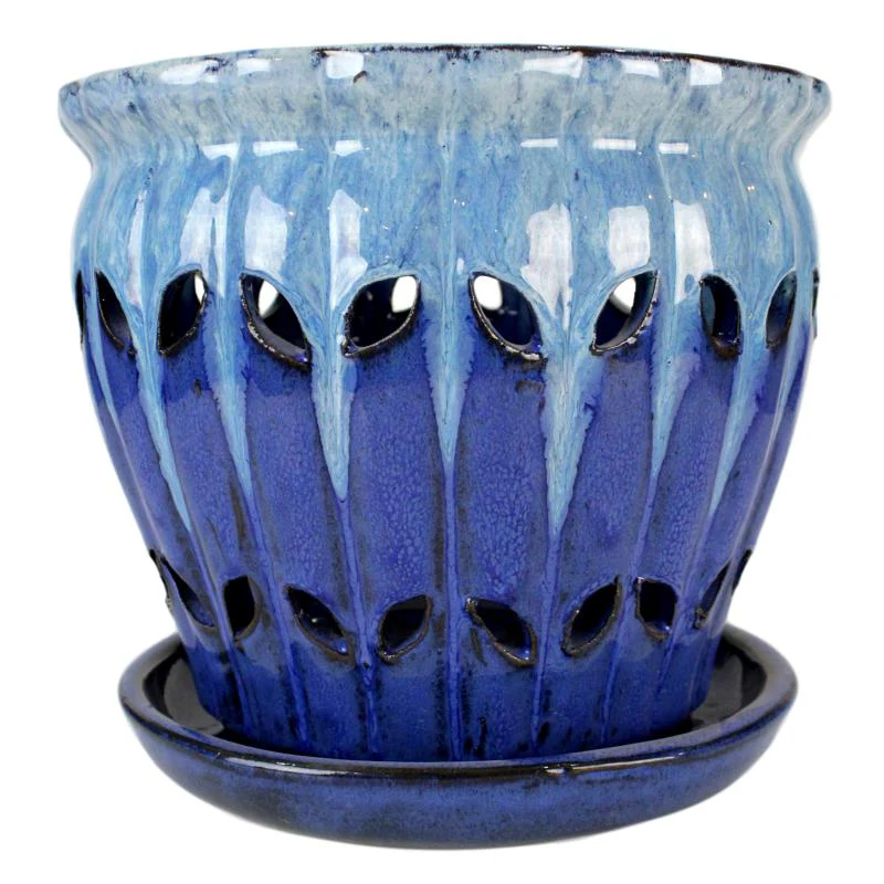 10″ Sky Blue Over Cobalt Pinwheel Fluted Ceramic Planter