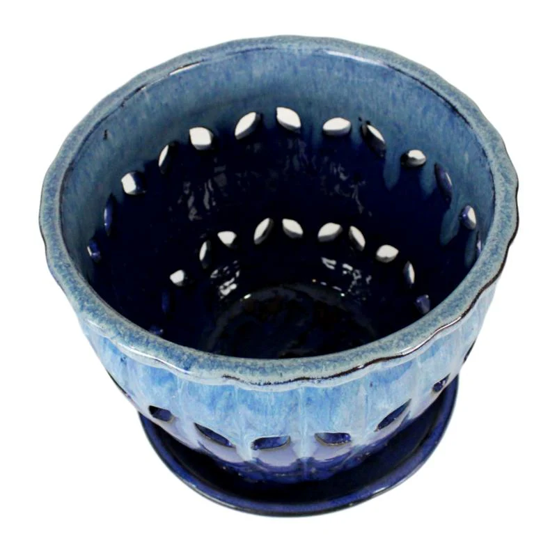 10" Sky Blue Over Cobalt Pinwheel Fluted Ceramic Planter - Image 2