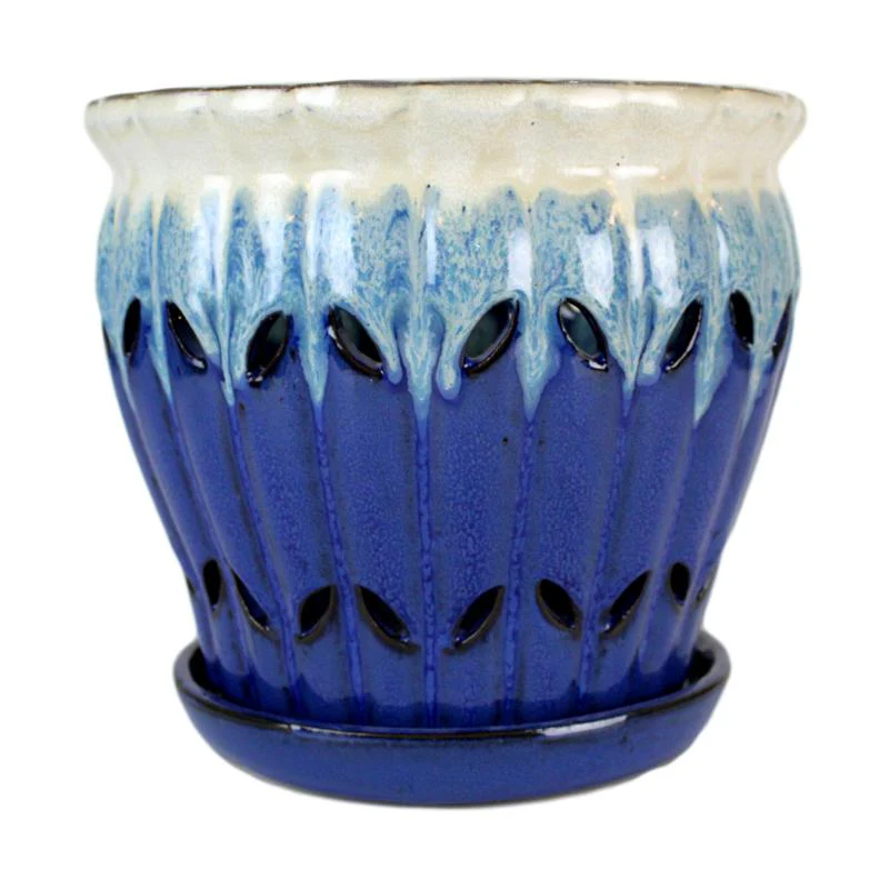 8" Sky Blue Over Cobalt Pinwheel Fluted Ceramic Planter - Image 1