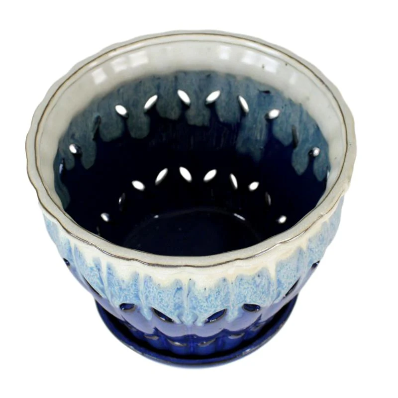 8" Sky Blue Over Cobalt Pinwheel Fluted Ceramic Planter - Image 2