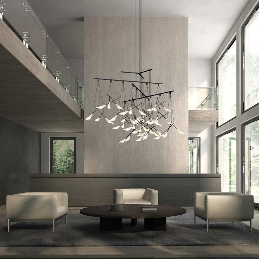 Sonneman Suspenders 48" 4-Tier Tri-Bar Chandelier with 9" Calla Luminaires and 18" Calla Luminaires - Image 2