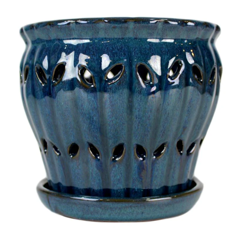 10″ Teal Jade Pinwheel Fluted Ceramic Planter