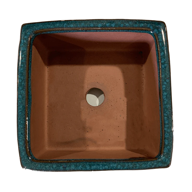 4" Teal Jade Square Ceramic Succulent Pot With Decorative Bamboo Saucer - Image 2